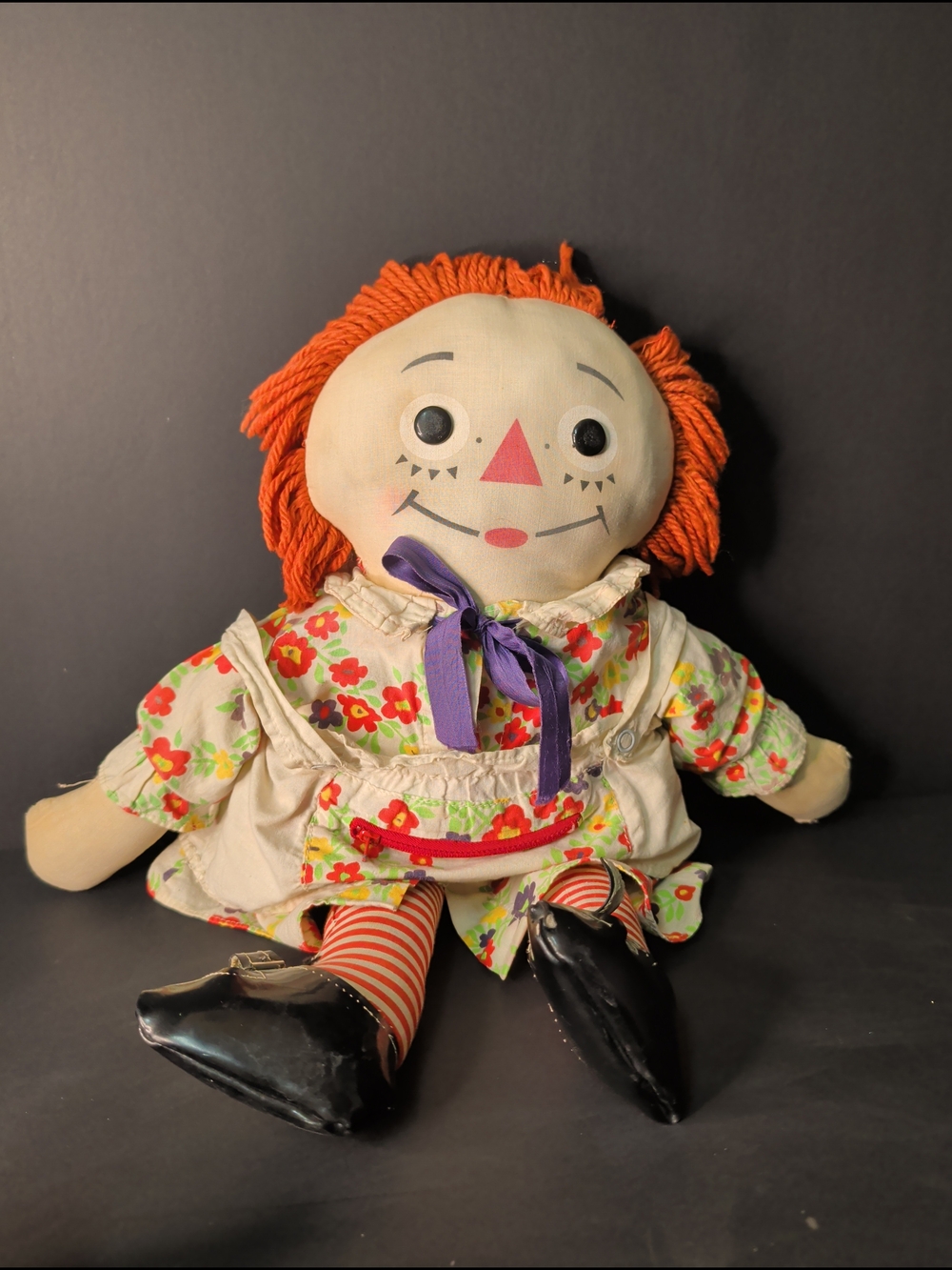 Vintage Raggedy Ann Doll with Orange Yarn Hair and Floral Dress